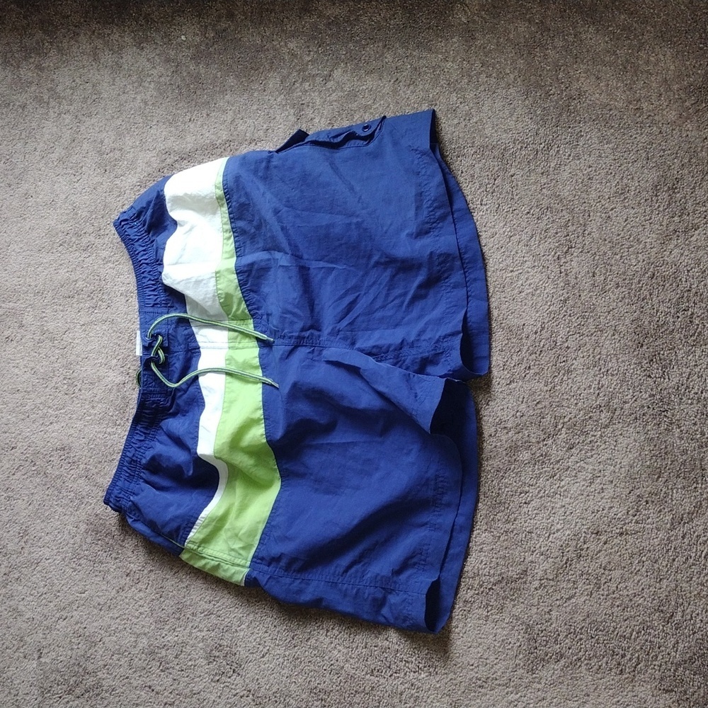Sand N Sun Blue Swim Trunks Green White Stripe Drawstring Shorts SIZE L